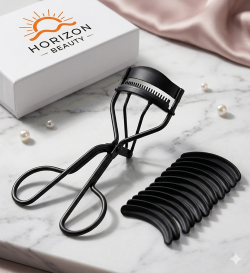 Horizon Beauty Portable Lash Curler (with Built-In Comb & 15-Piece Refill Pack)