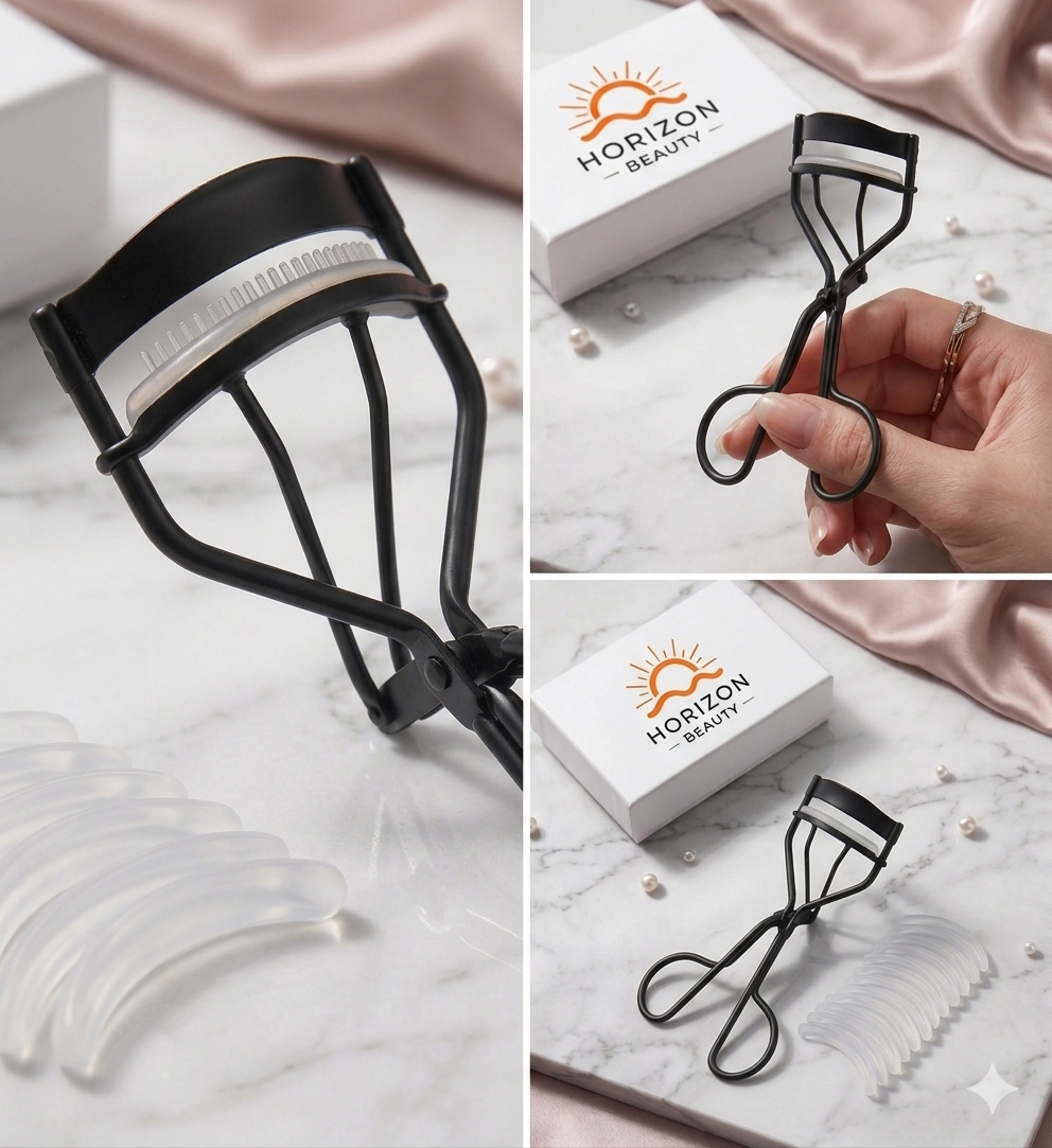 Horizon Beauty Portable Lash Curler (with Built-In Comb & 15-Piece Refill Pack)
