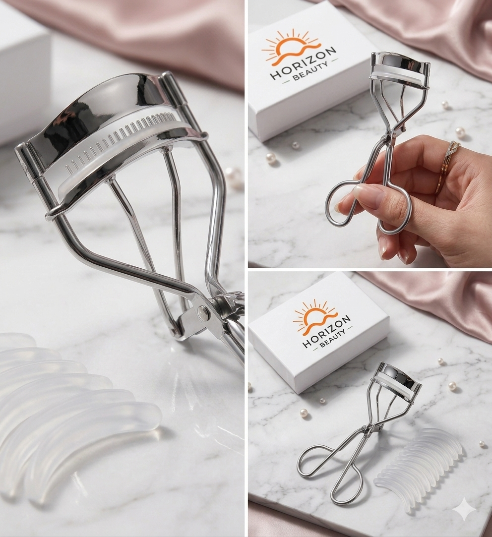 Horizon Beauty Portable Lash Curler (with Built-In Comb & 15-Piece Refill Pack)